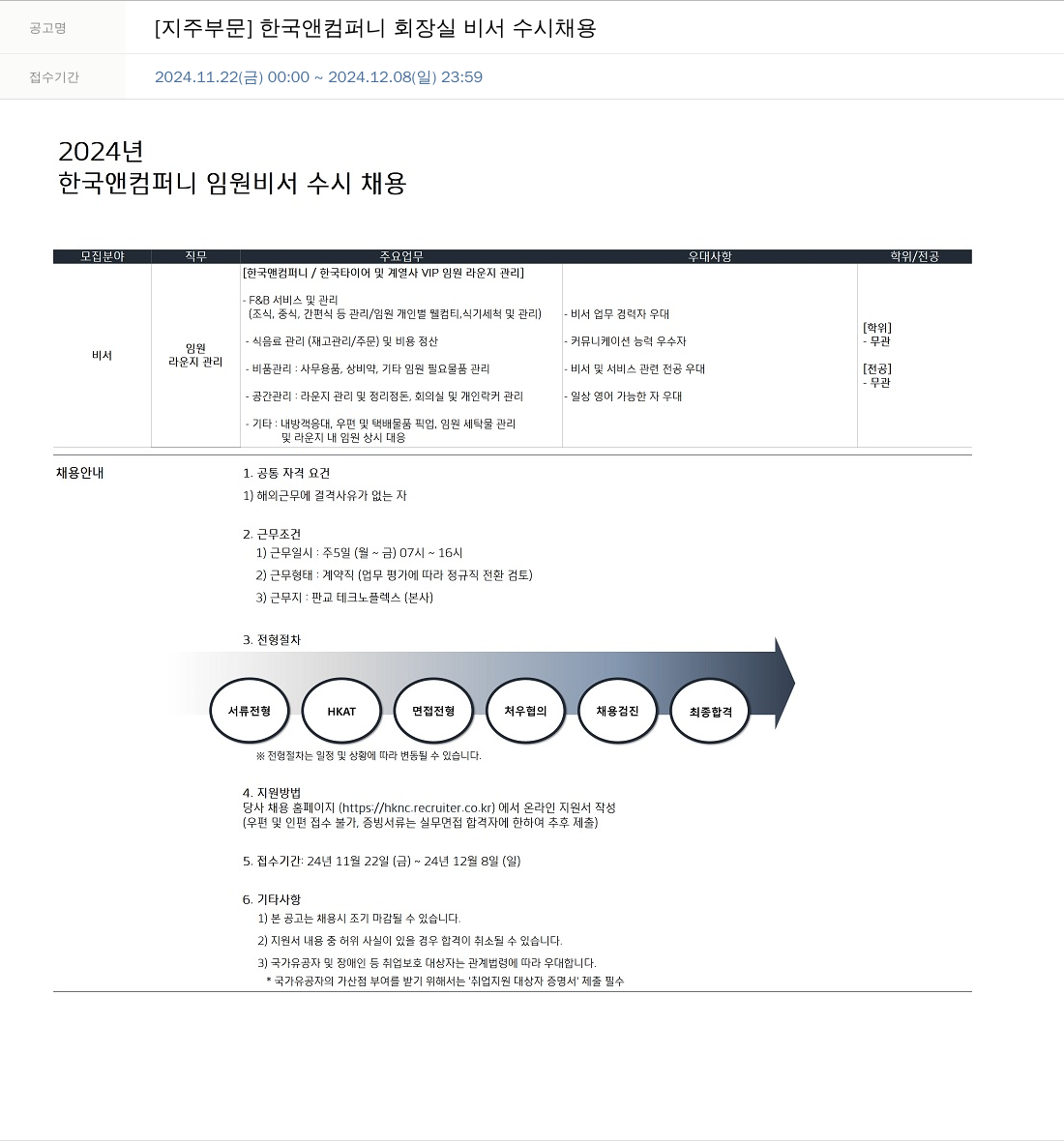 한국앤컴퍼니 [지주 부문] 한국 앤 컴퍼니 회장실 비서 수시 채용 채용공고
