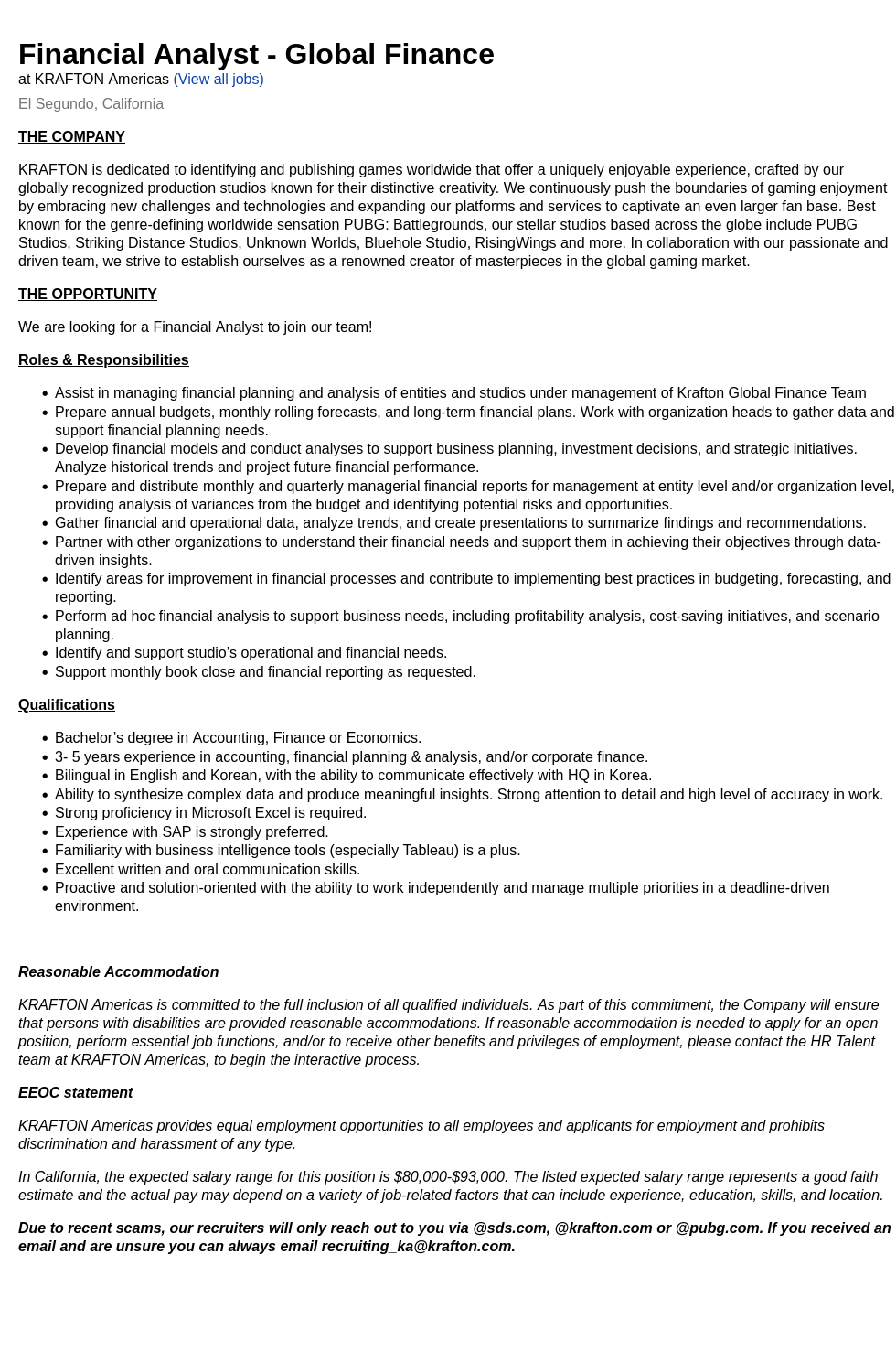 크래프톤 Financial Analyst - Global Finance 채용공고