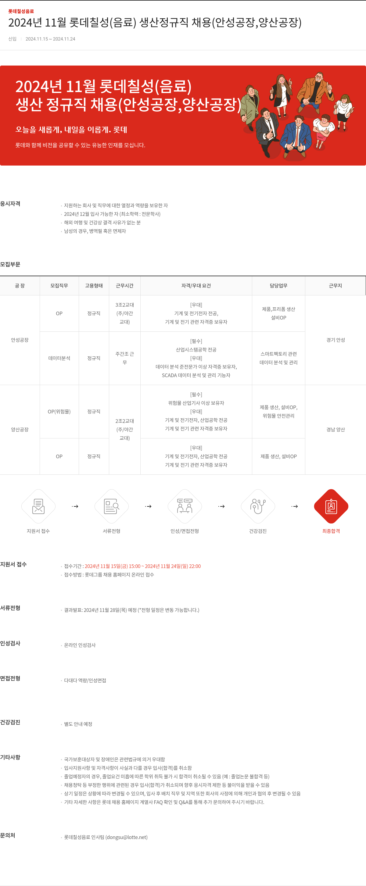 롯데칠성음료 2024년 11월 롯데 칠성(음료) 생산 정규직 채용(안성 공장, 양산 공장) 채용공고