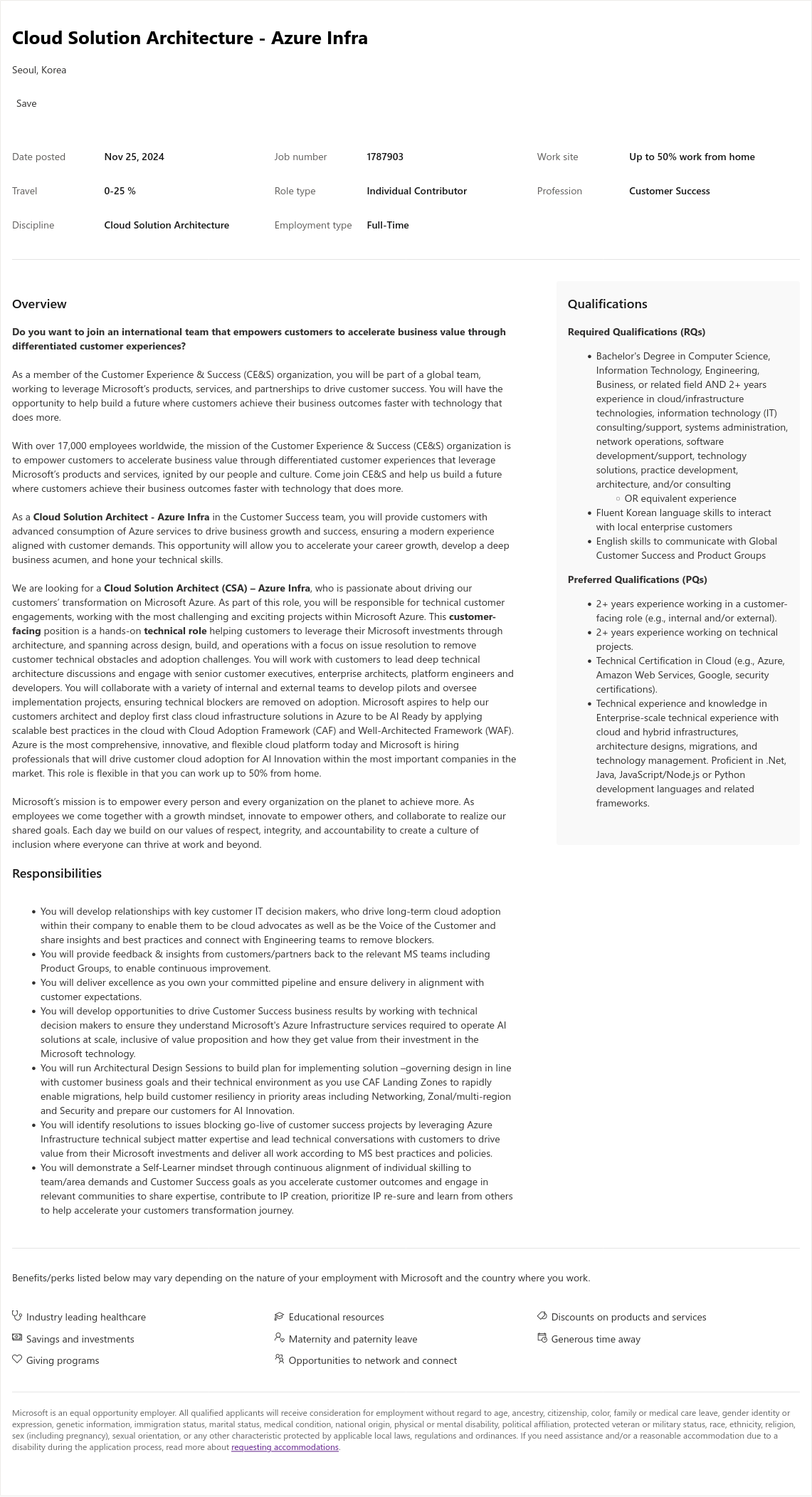 마이크로소프트(Microsoft) Cloud Solution Architecture - Azure Infra 채용공고