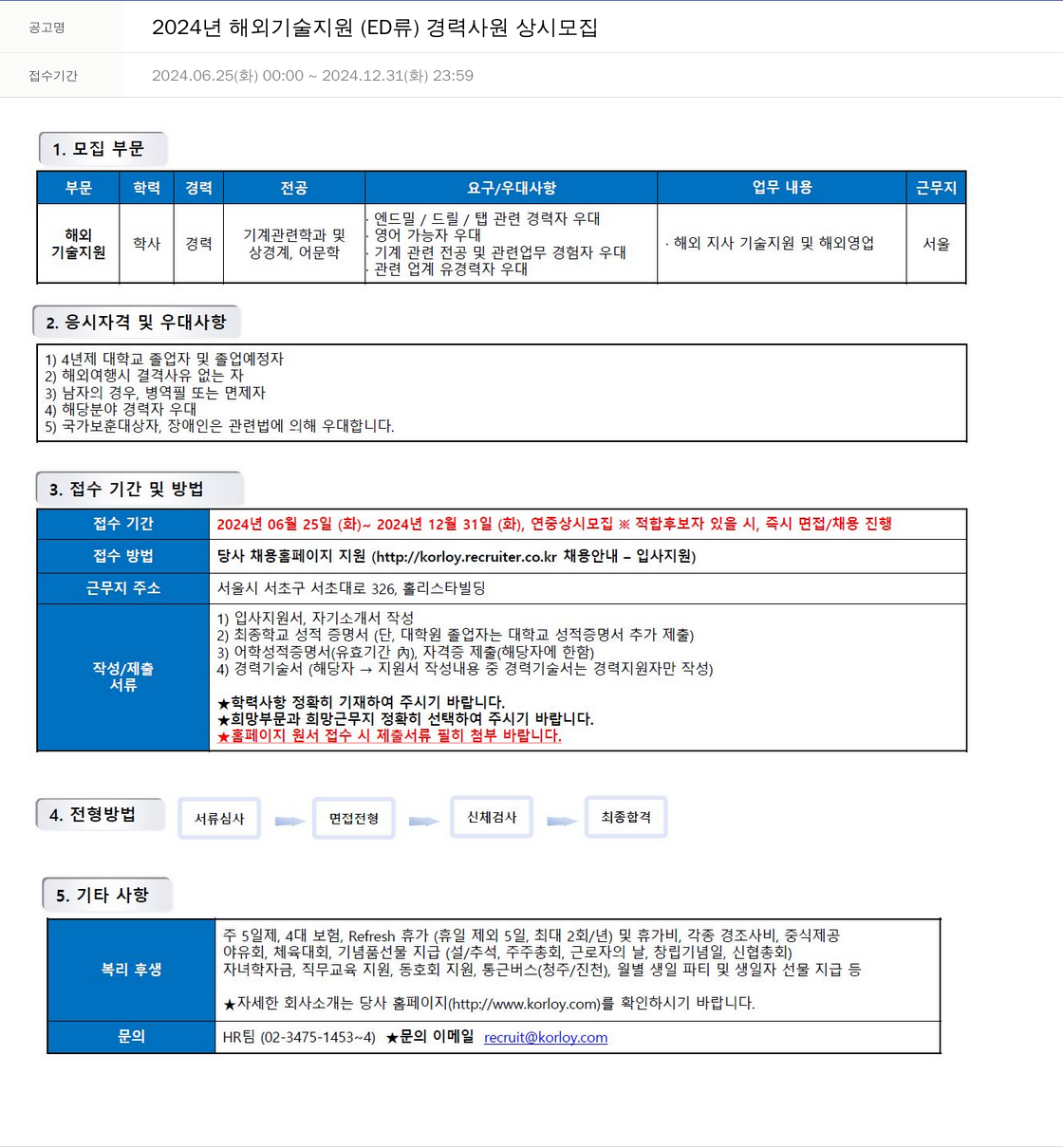 한국야금 2024년 해외 기술 지원(ED류) 경력 사원 상시 모집 채용공고