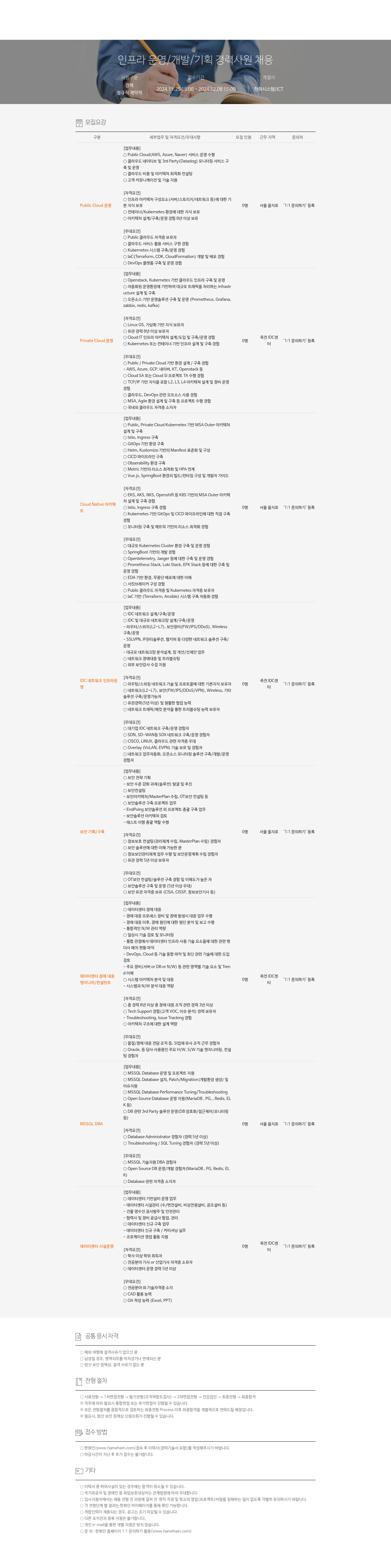 한화시스템 인프라 운영 / 개발 / 기획 경력 사원 채용 채용공고