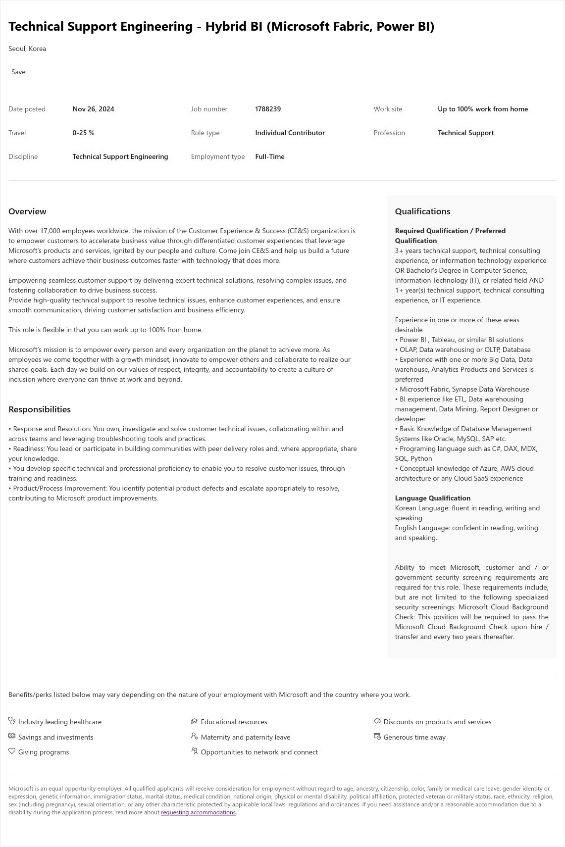 마이크로소프트(Microsoft) Technical Support Engineering - Hybrid BI (Microsoft Fabric, Power BI) 채용공고