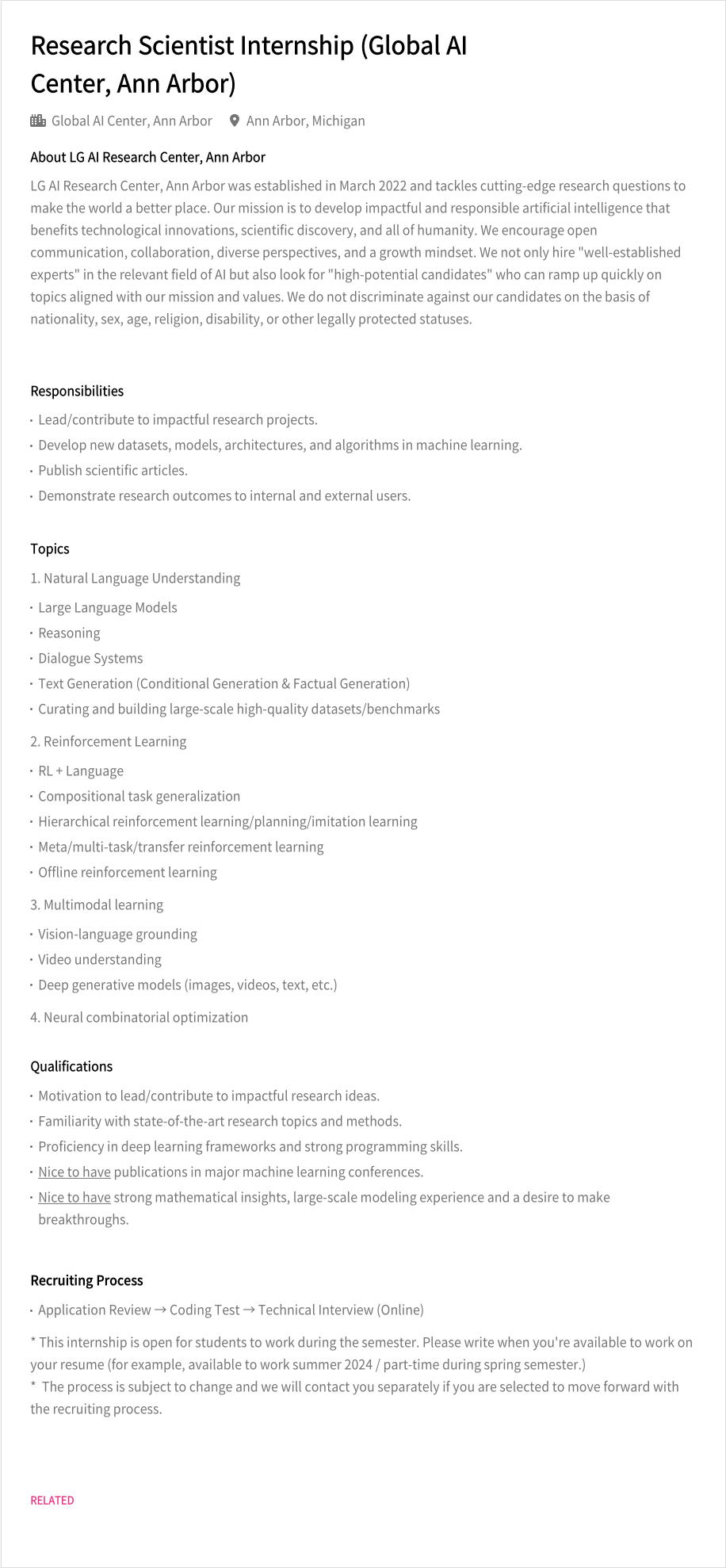 LGAI연구원 Research Scientist Internship (Global AI Center, Ann Arbor) 채용공고