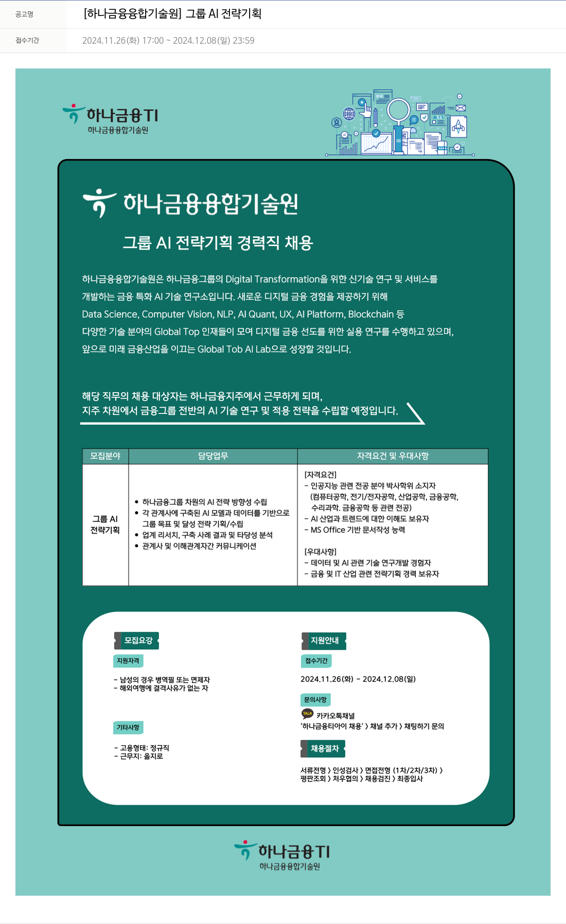 하나금융융합기술원 그룹 AI 전략 기획 경력직 채용 채용공고