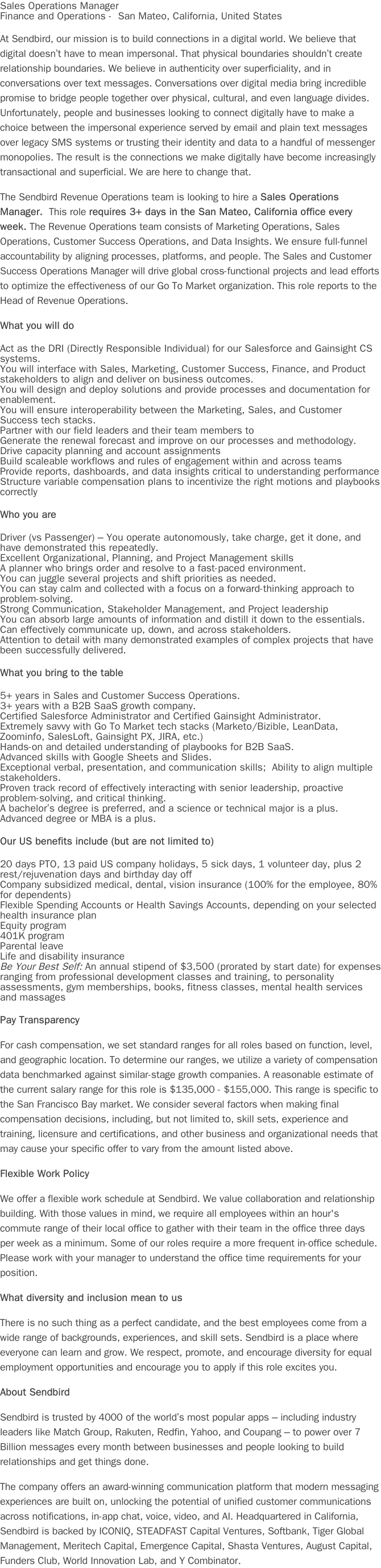 센드버드 Sales Operations Manager 채용공고