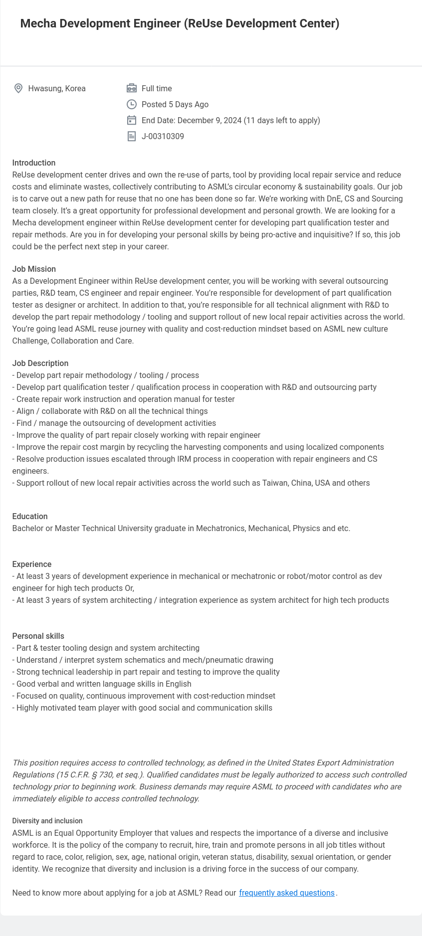 ASML Mecha Development Engineer (ReUse Development Center) 채용공고