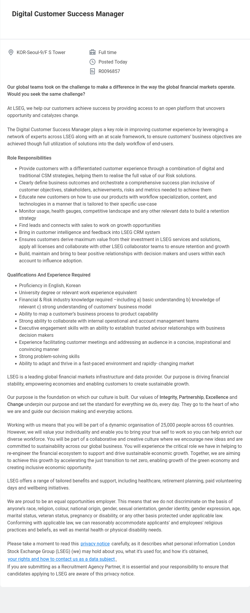 레피니티브코리아 Digital Customer Success Manager 채용공고