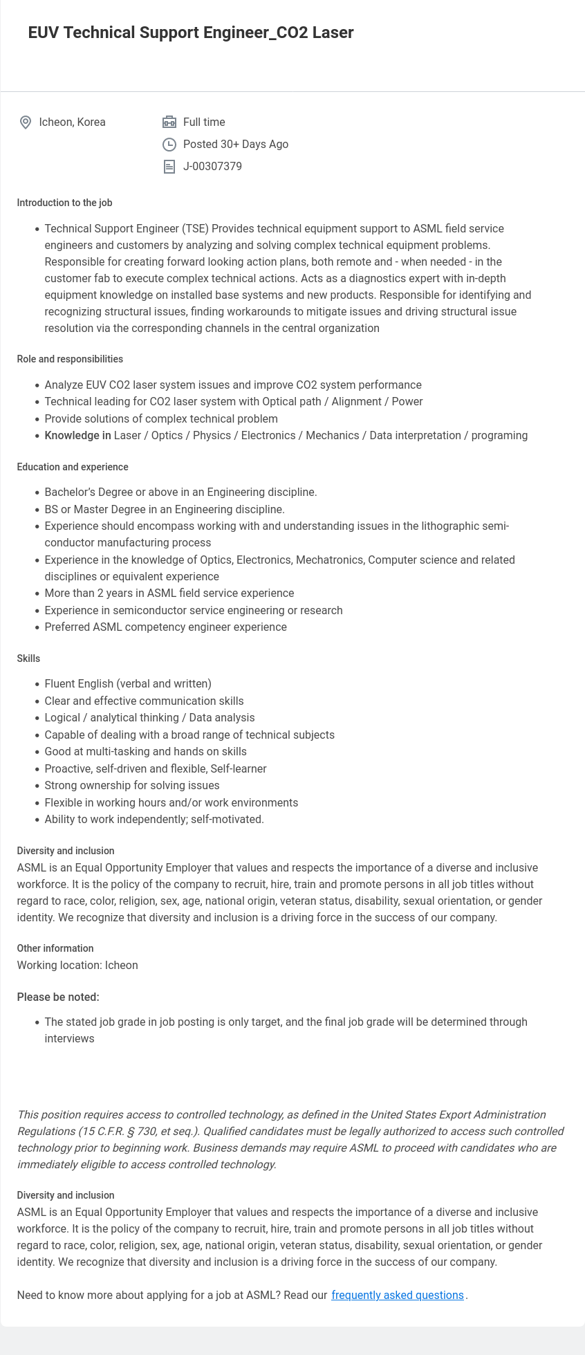 ASML EUV Technical Support Engineer_CO2 Laser 채용공고