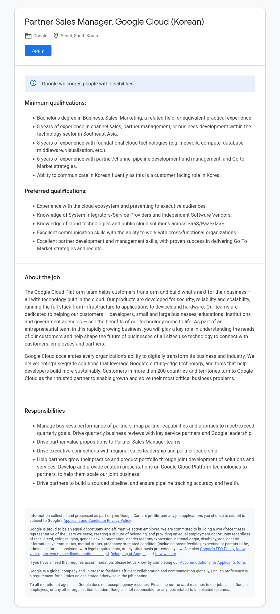 구글(Google) Partner Sales Manager, Google Cloud (Korean) 채용공고