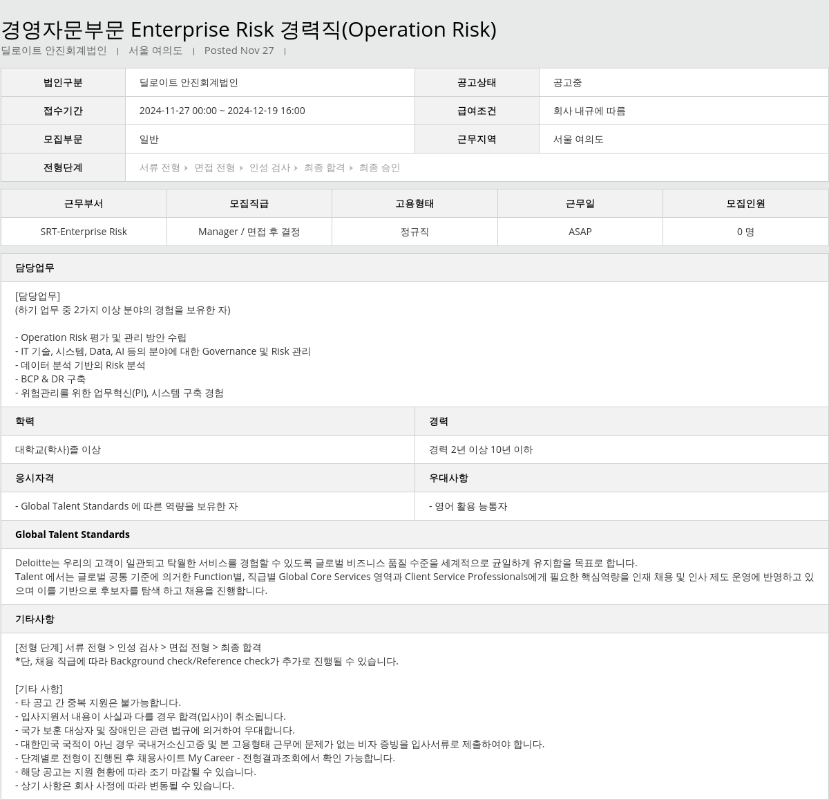 딜로이트안진 경영 자문 부문 Enterprise Risk 경력직 (Operation Risk) 채용공고