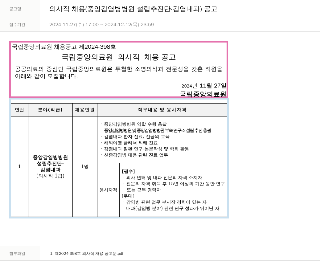 국립중앙의료원 의사직 채용 (중앙 감염병 병원 설립 추진단 - 감염내과) 공고 채용공고
