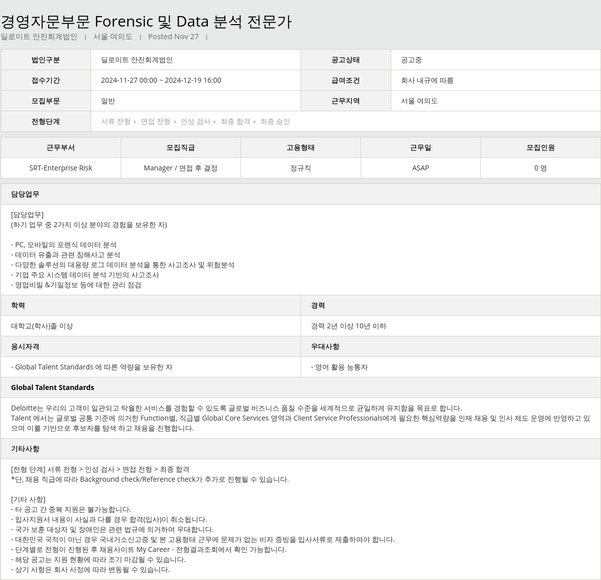 딜로이트안진 경영 자문 부문 Forensic 및 Data 분석 전문가 채용공고
