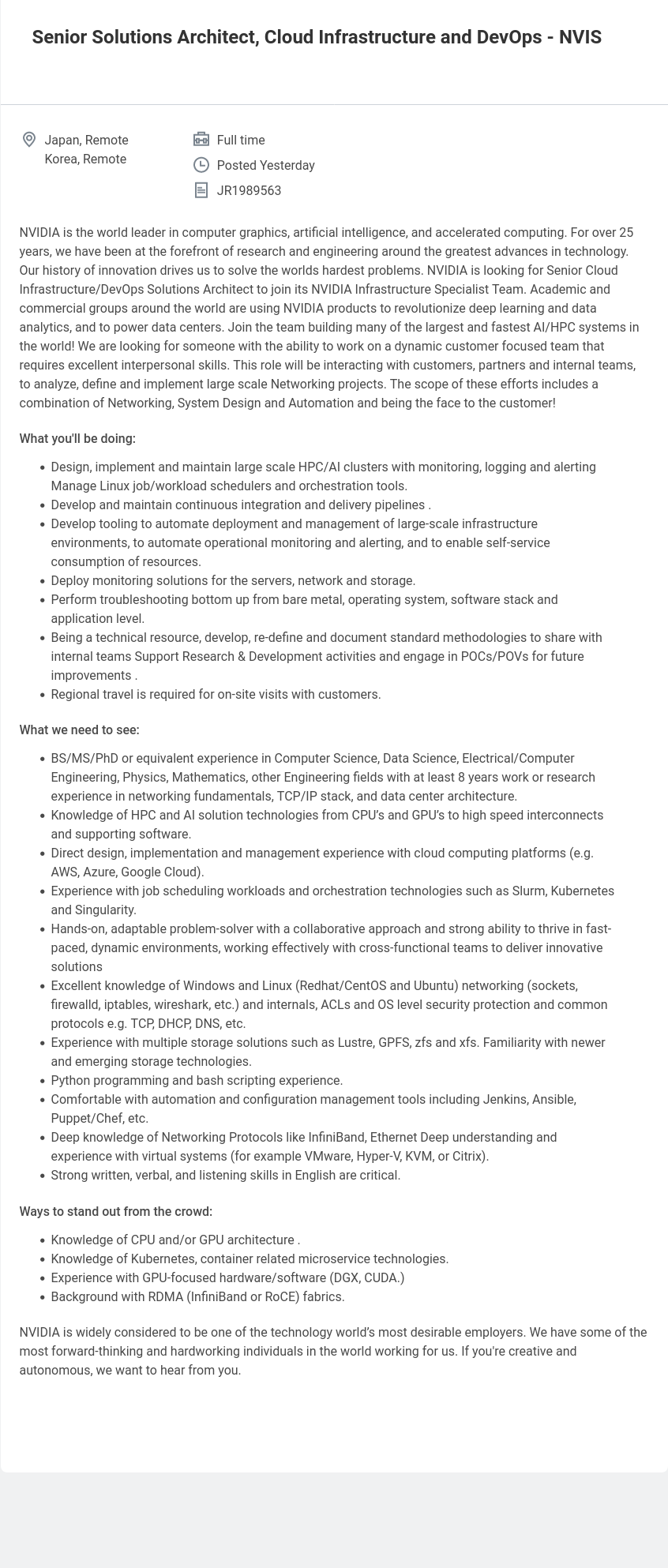 엔비디아(NVIDIA) Senior Solutions Architect, Cloud Infrastructure and DevOps - NVIS 채용공고