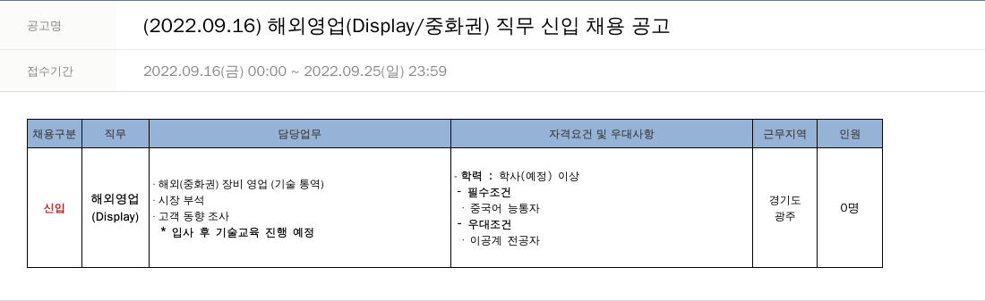 주성엔지니어링 2022.09.16 해외 영업 (Display / 중화권) 직무 신입 채용 공고 채용공고