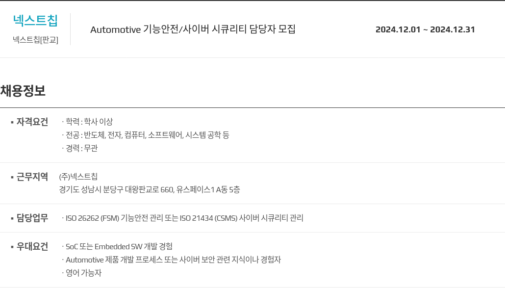 넥스트칩 Automotive 기능 안전 / 사이버 시큐리티 담당자 모집 채용공고