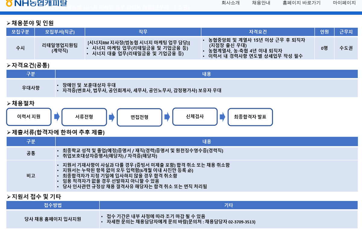 NH농협캐피탈 시너지 RM 지사장(범 농협 시너지 마케팅 업무 담당) 및 시너지 대출 업무 채용 안내 채용공고
