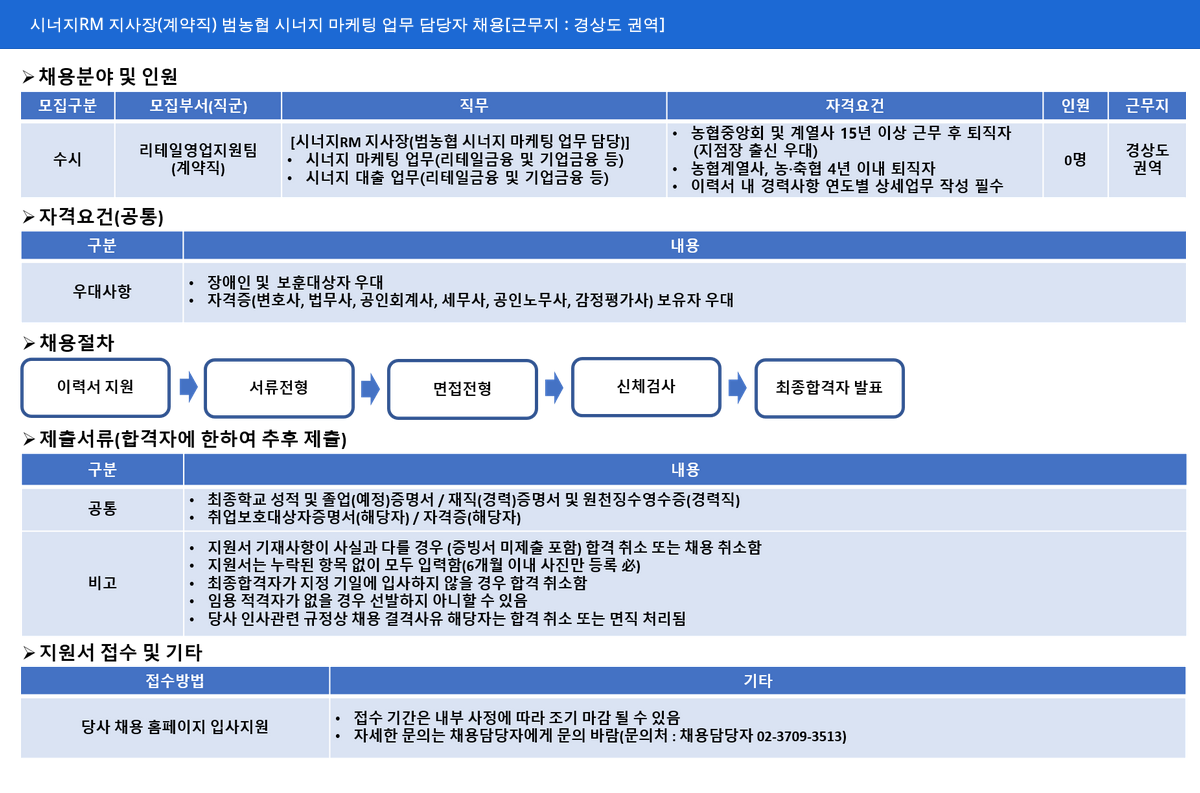 NH농협캐피탈 시너지 RM 지사장 (계약직) 범 농협 시너지 마케팅 업무 담당자 채용 [근무지: 경상도 권역] 채용공고