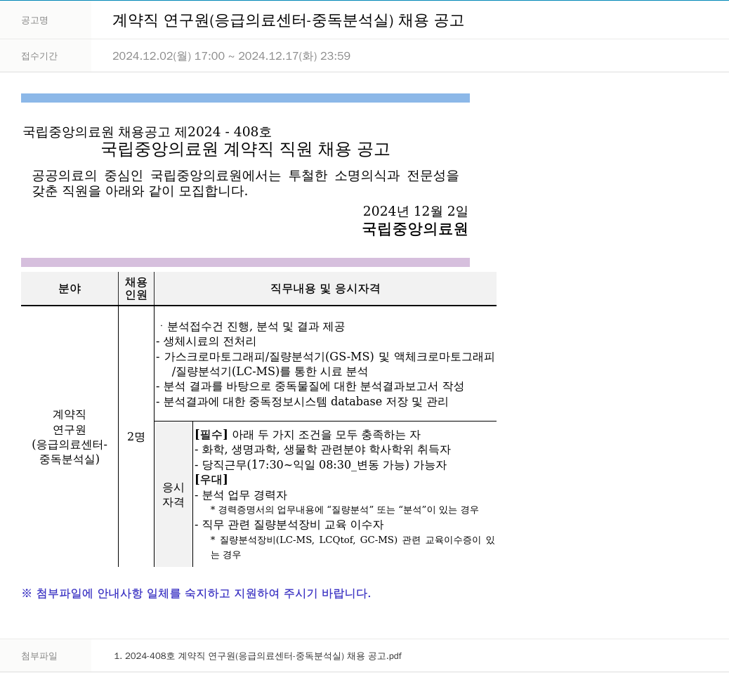 국립중앙의료원 계약직 연구원 (응급의료센터-중독분석실) 채용 공고 채용공고