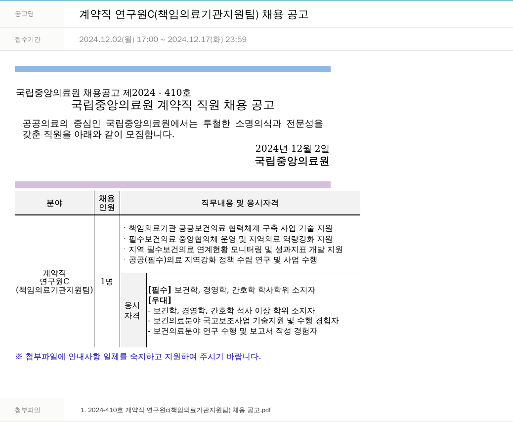 국립중앙의료원 계약직 연구원 C (책임 의료기관 지원팀) 채용 공고 채용공고