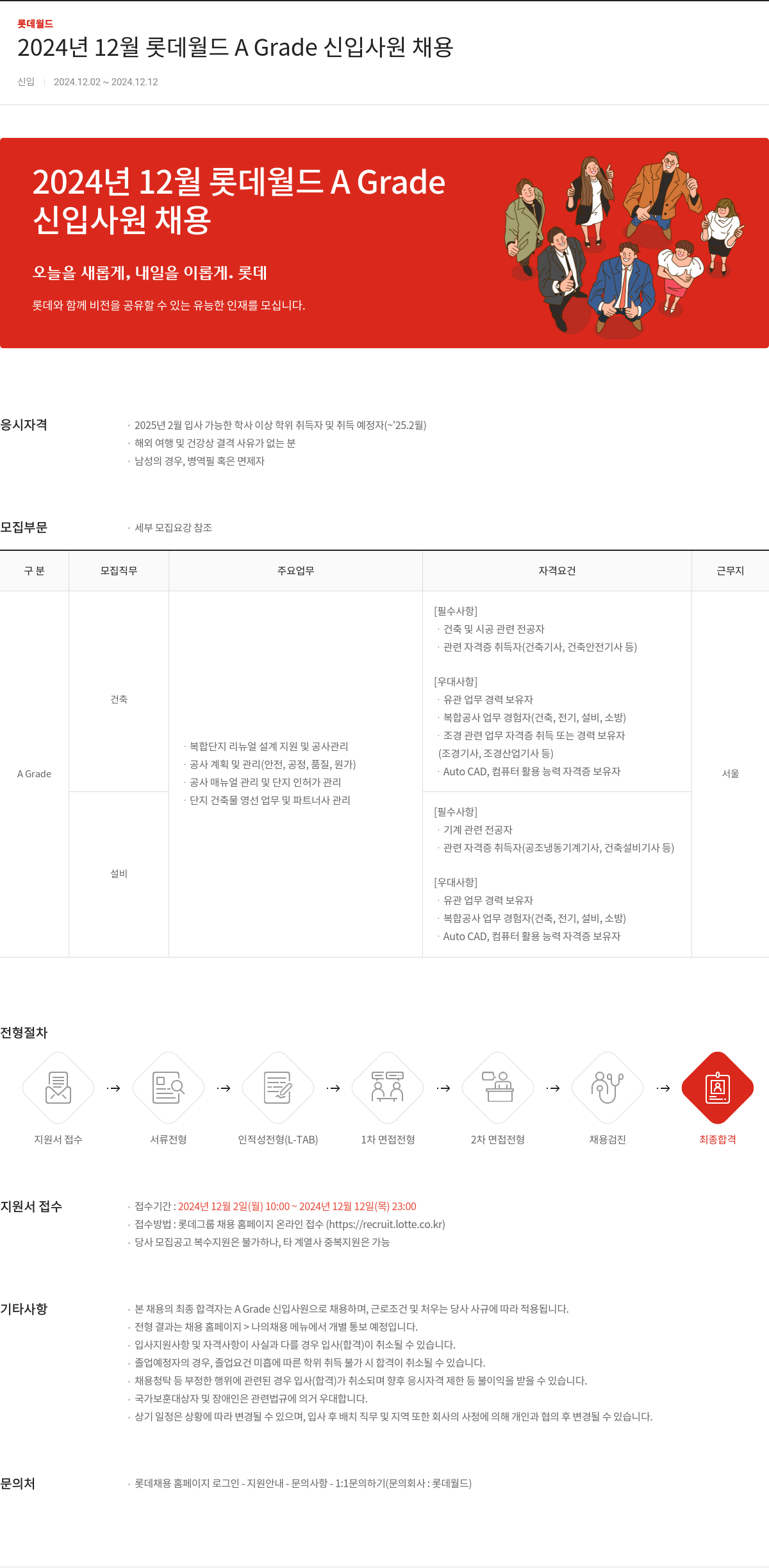 롯데월드 2024년 12월 롯데월드 A Grade 신입사원 채용 채용공고