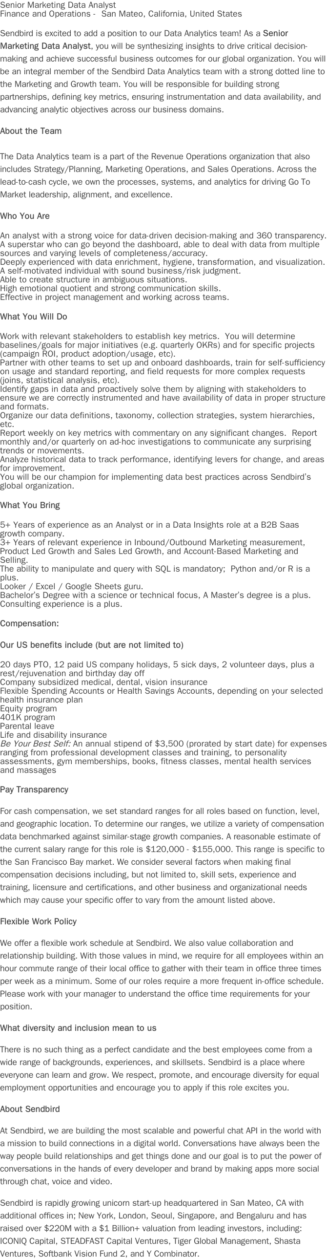 센드버드 Senior Marketing Data Analyst 채용공고