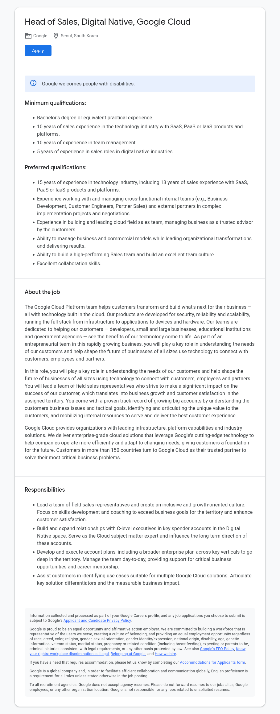 구글(Google) Head of Sales, Digital Native, Google Cloud 채용공고