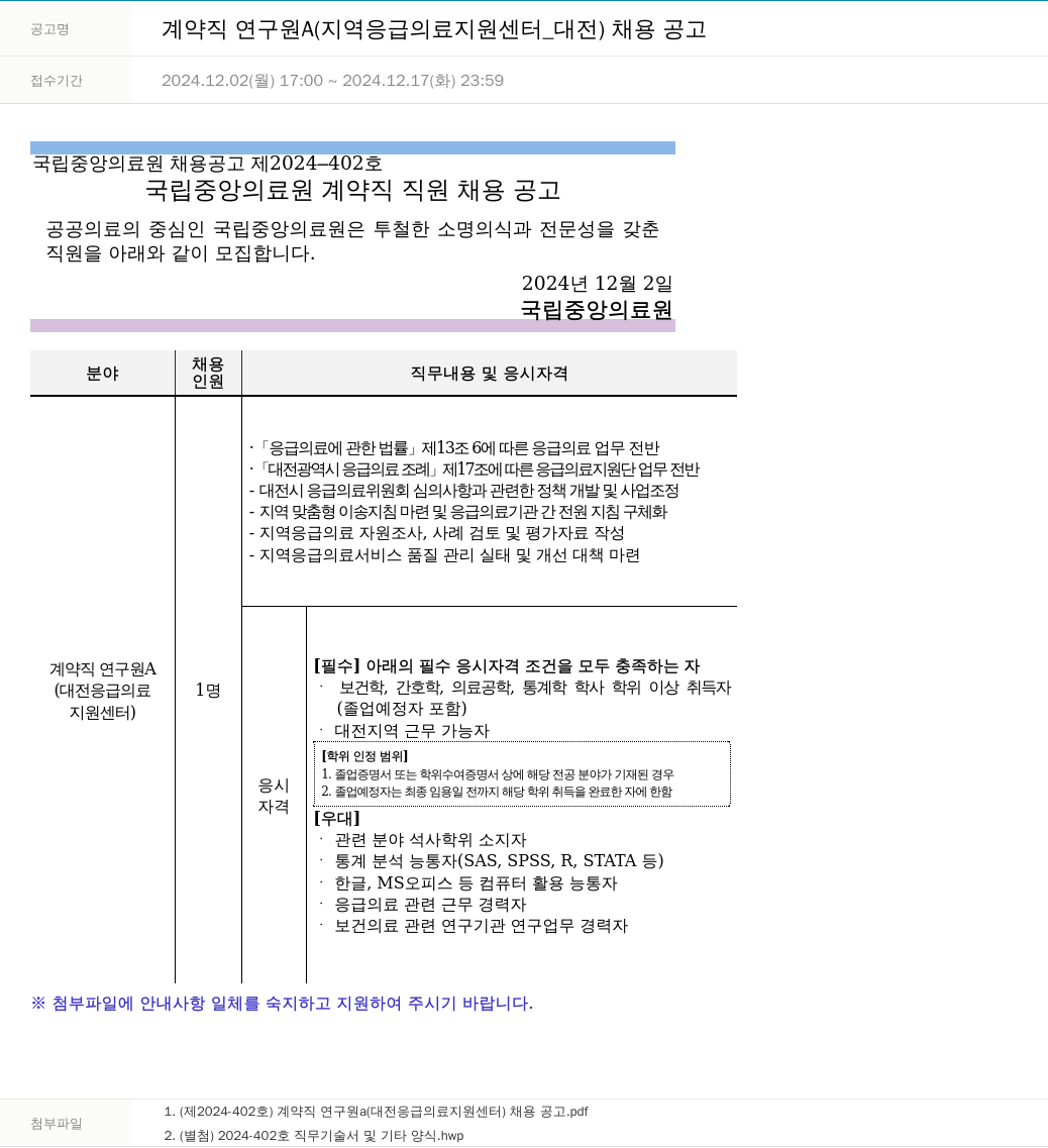 국립중앙의료원 계약직 연구원 A (지역 응급의료 지원센터_대전) 채용 공고 채용공고