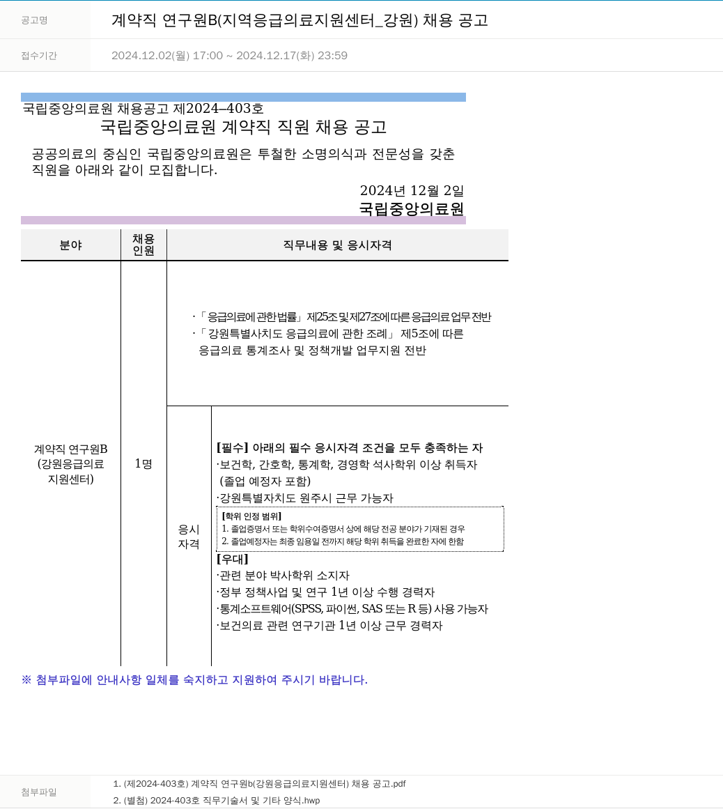 국립중앙의료원 계약직 연구원 B (지역 응급 의료 지원 센터 _ 강원) 채용 공고 채용공고