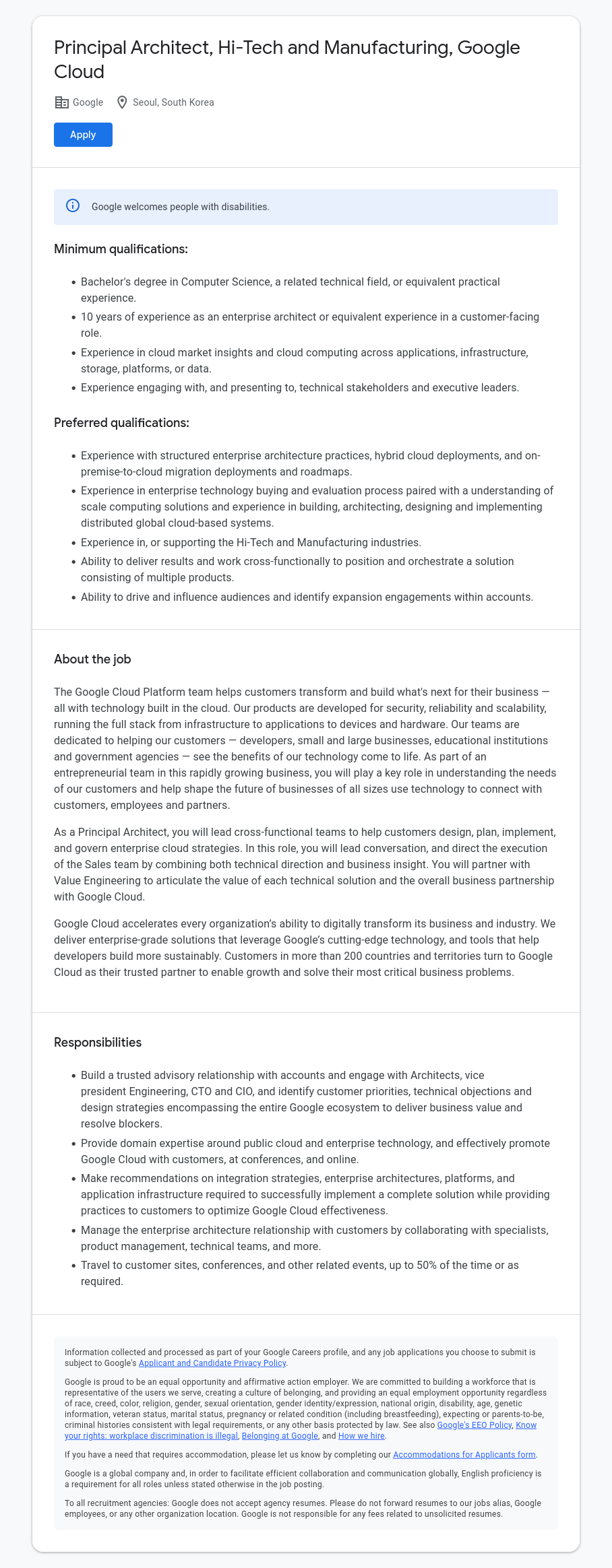 구글(Google) Principal Architect, Hi-Tech and Manufacturing, Google Cloud 채용공고