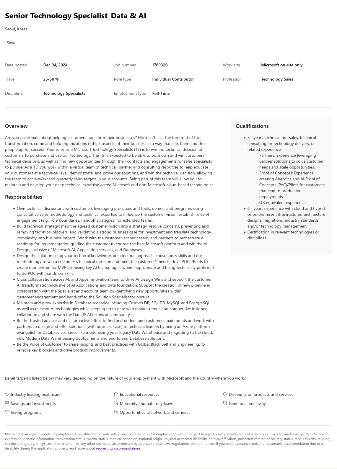 마이크로소프트(Microsoft) Senior Technology Specialist_Data & AI 채용공고