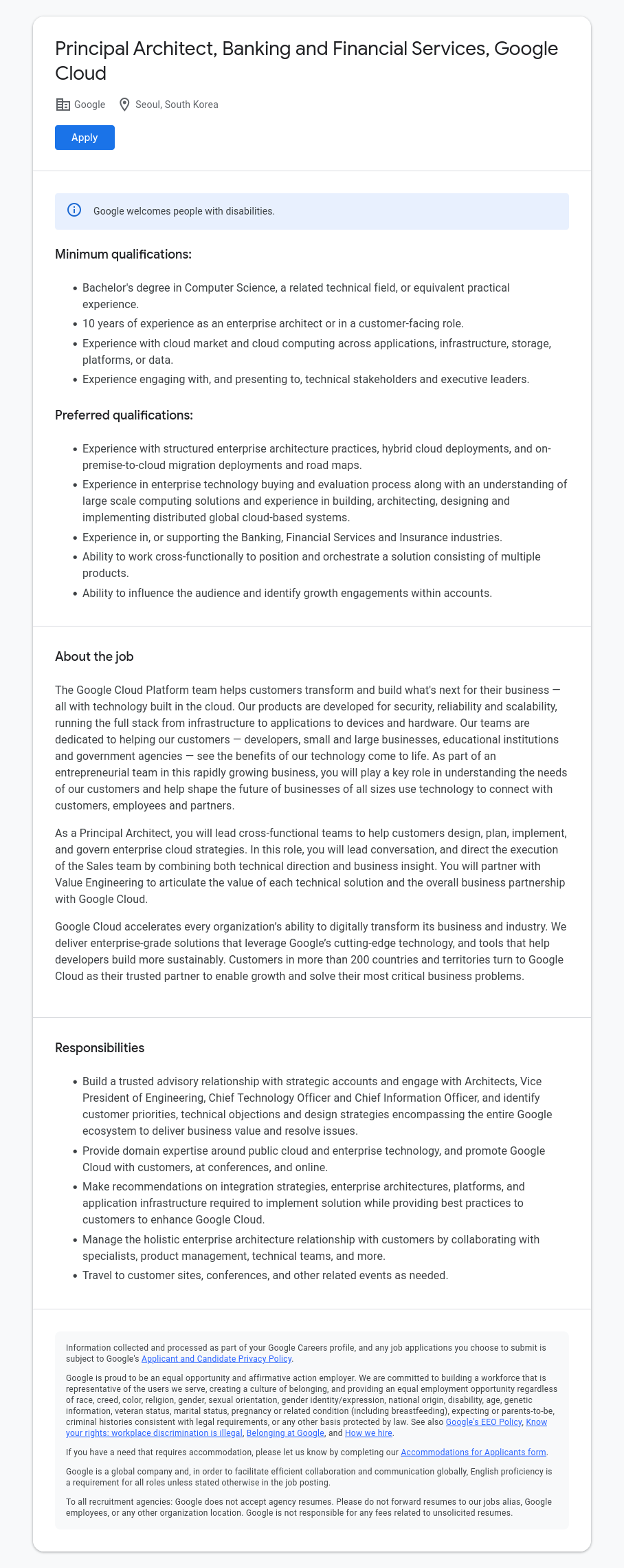 구글(Google) Principal Architect, Banking and Financial Services, Google Cloud 채용공고