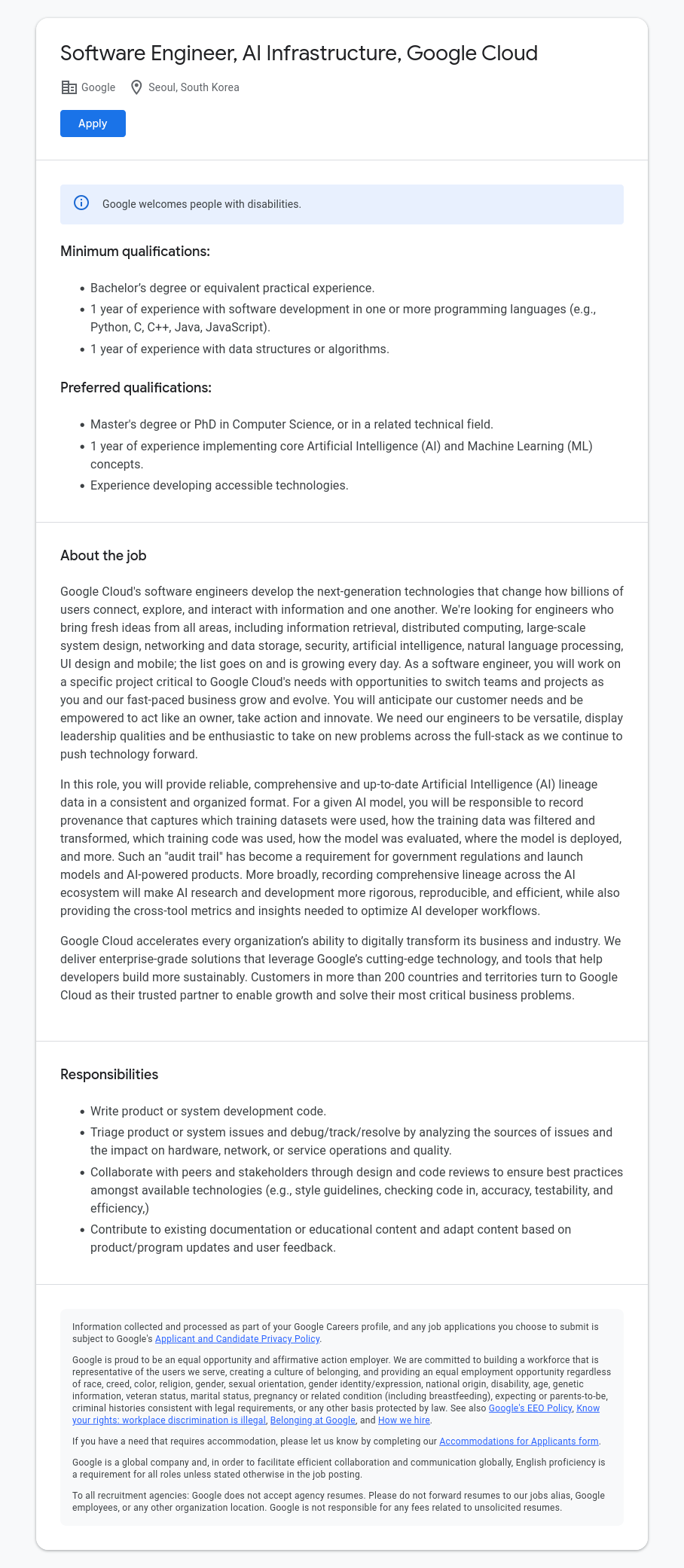 구글(Google) Software Engineer, AI Infrastructure, Google Cloud 채용공고
