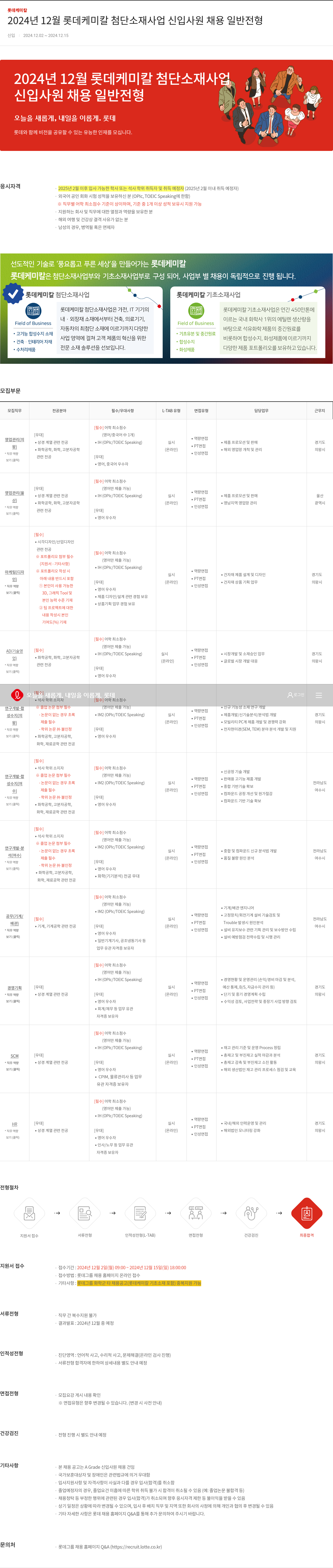 롯데케미칼 2024년 12월 롯데케미칼 첨단소재사업 신입사원 채용 일반전형 채용공고
