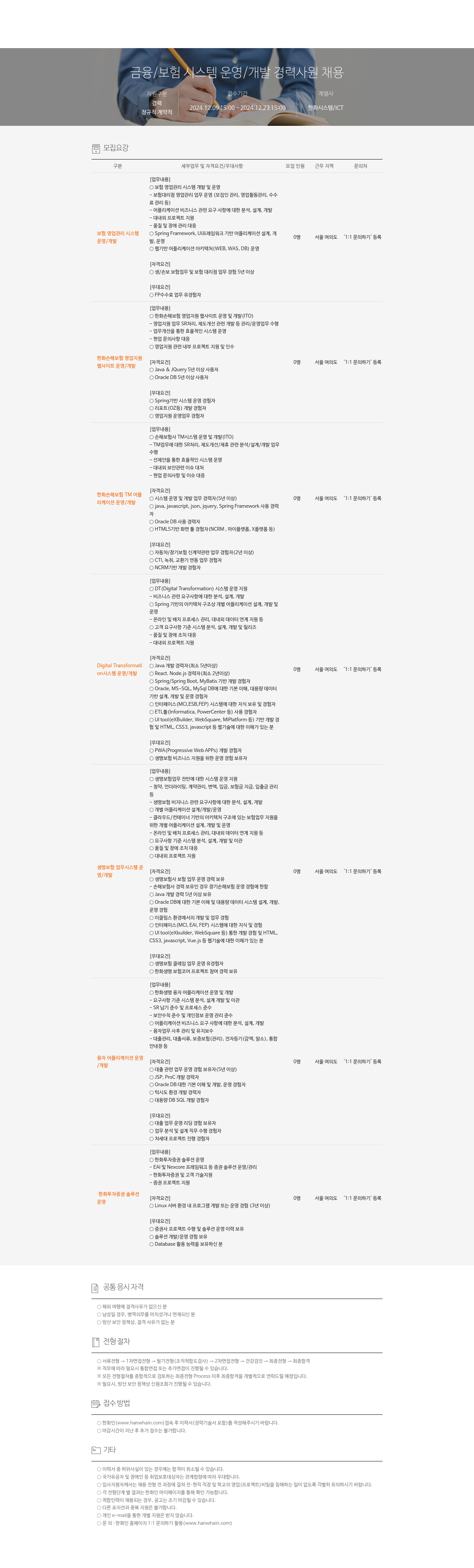 한화시스템 금융 / 보험 시스템 운영 / 개발 경력 사원 채용 채용공고