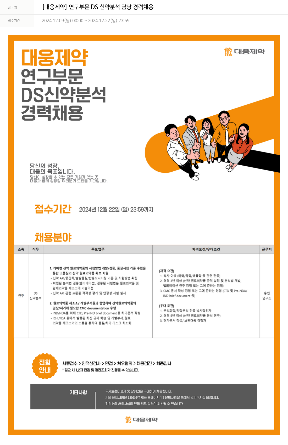 대웅제약 [대웅제약] 연구 부문 DS 신약 분석 담당 경력 채용 채용공고