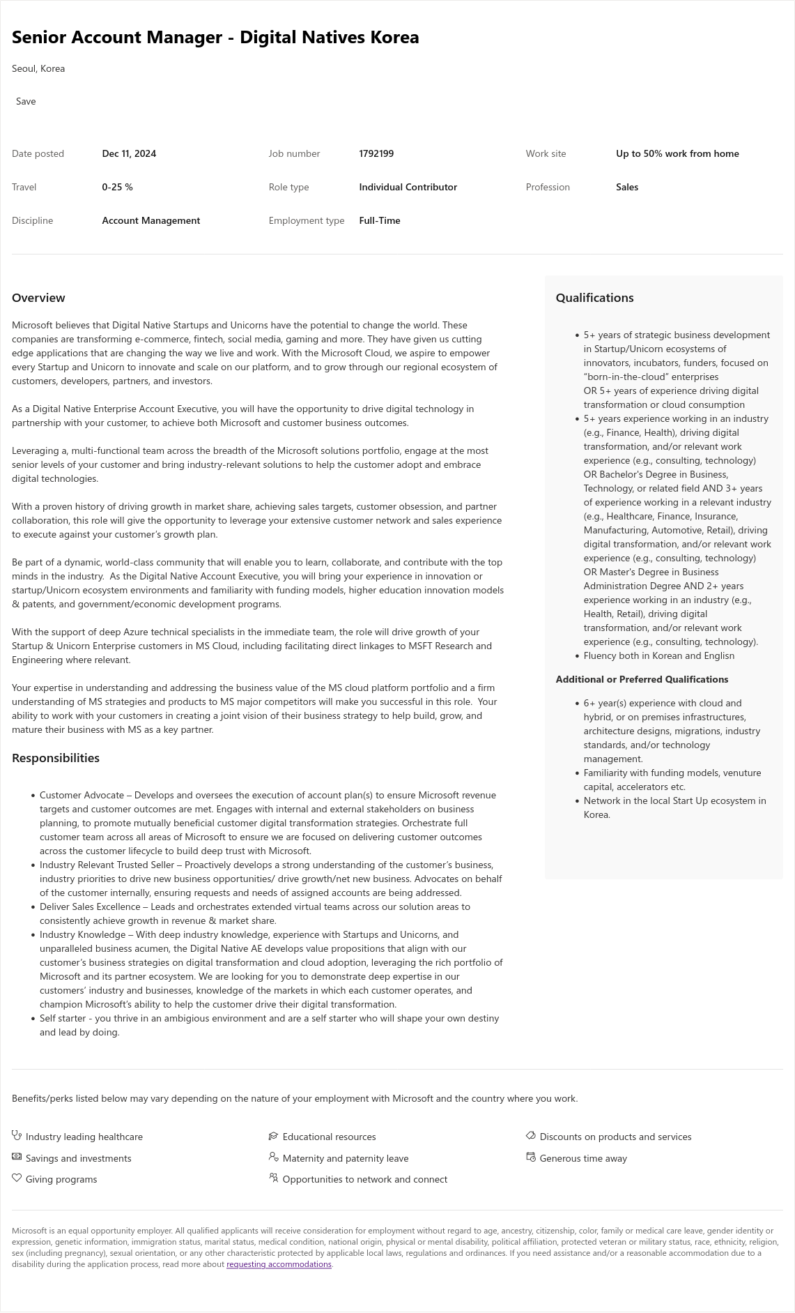 마이크로소프트(Microsoft) Senior Account Manager - Digital Natives Korea 채용공고