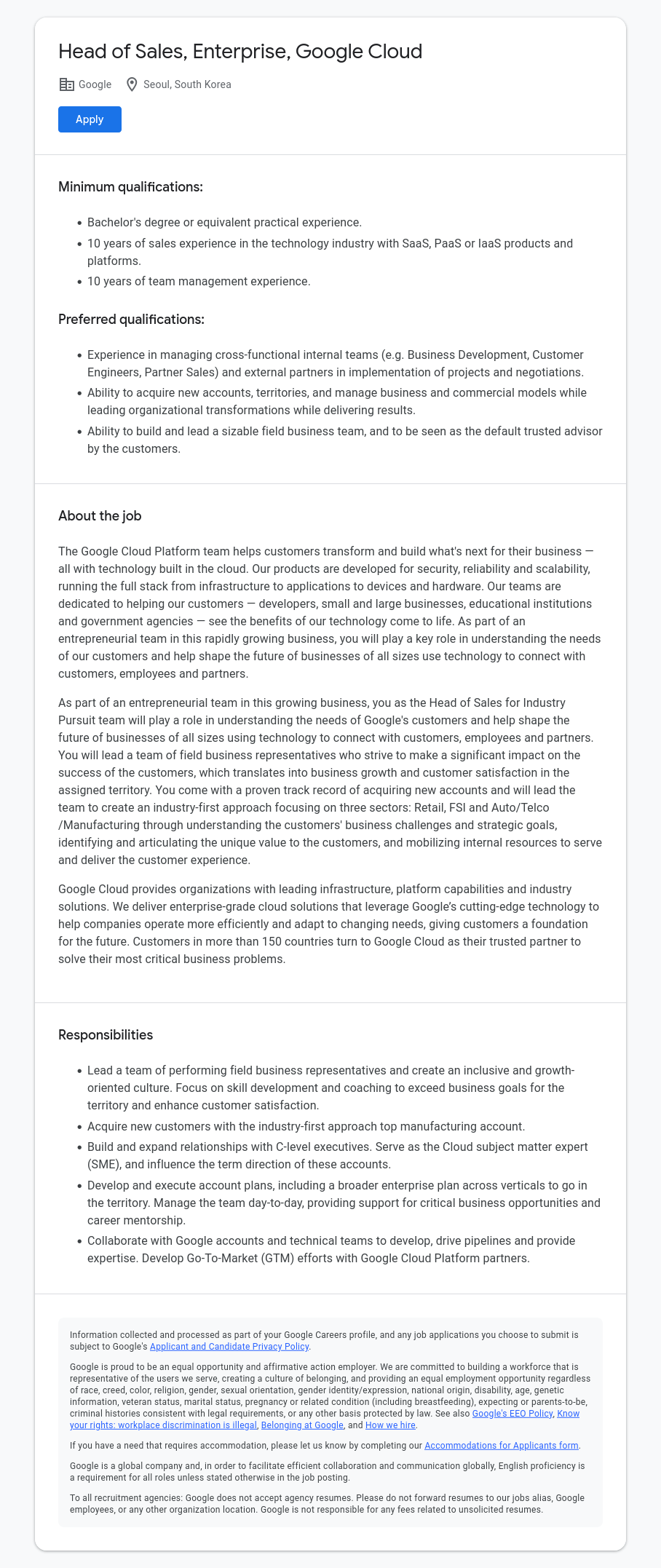 구글(Google) Head of Sales, Enterprise, Google Cloud 채용공고