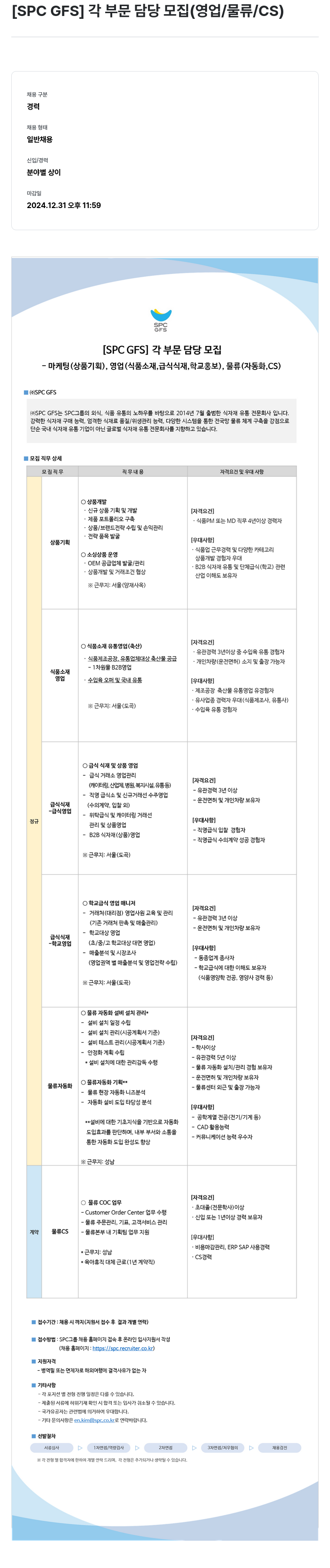 SPC GFS [SPC GFS] 각 부문 담당 모집 (영업 / 물류 / CS) 채용공고