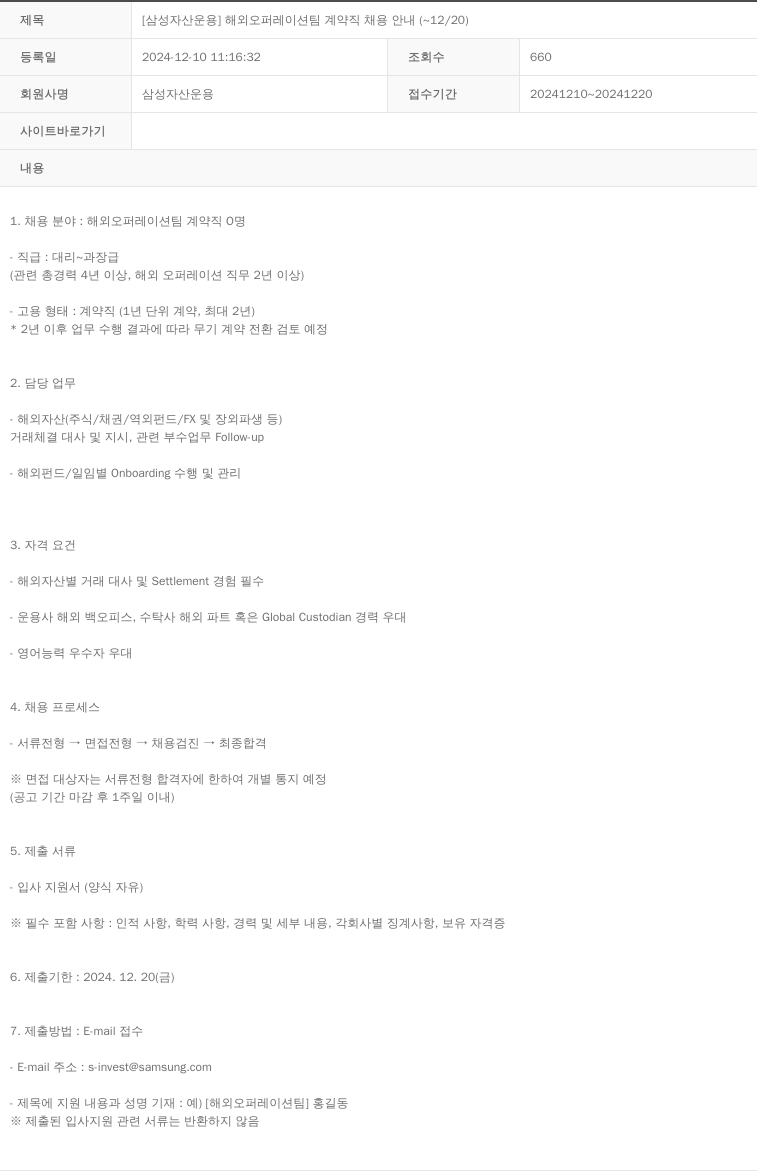 삼성자산운용 [삼성 자산 운용] 해외 오퍼레이션 팀 계약직 채용 안내 (~12/20) 채용공고