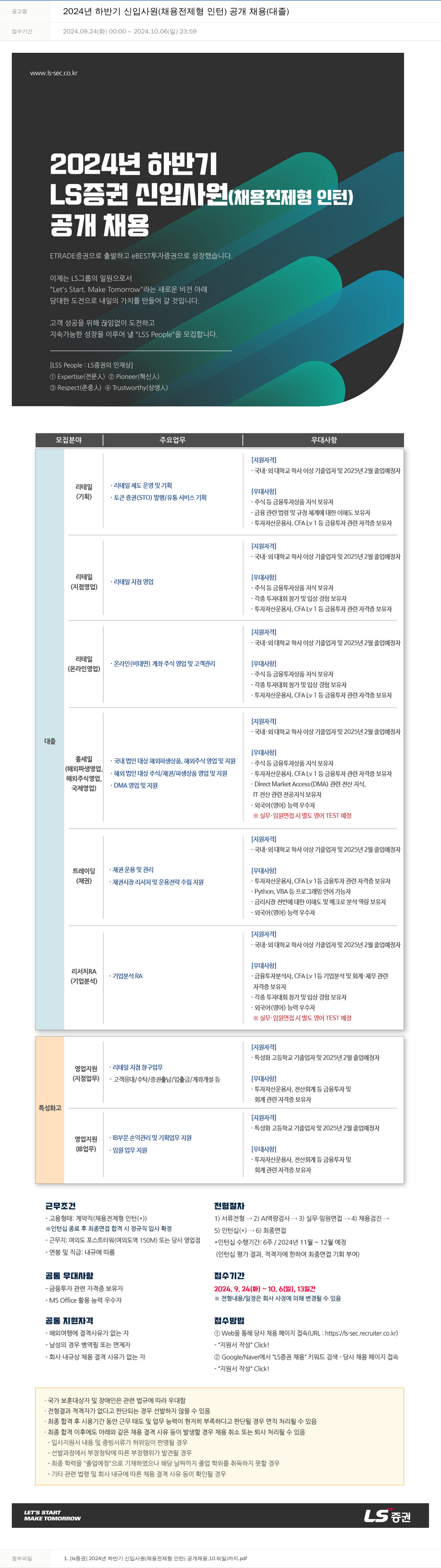 LS증권 2024년 하반기 신입 사원 (채용 전제형 인턴) 공개 채용 (대졸) 채용공고