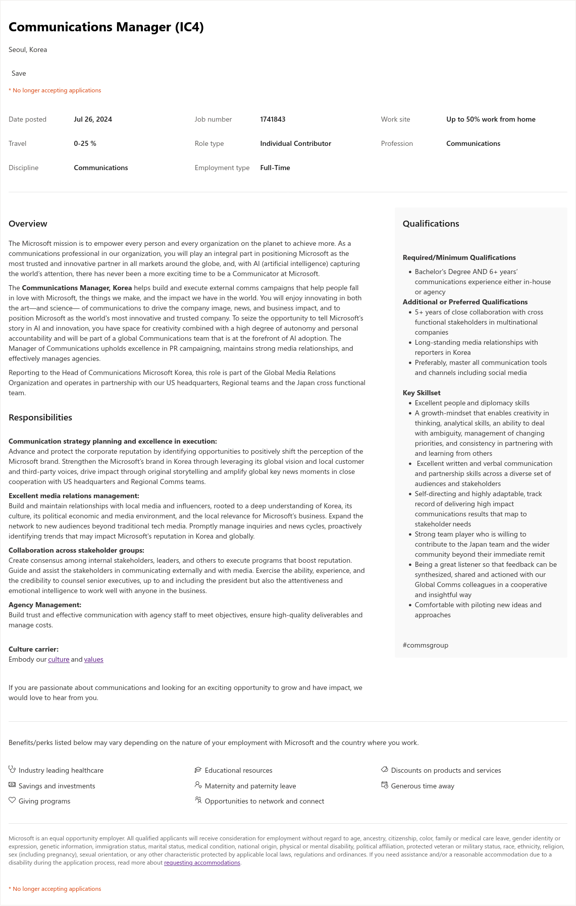 마이크로소프트(Microsoft) Communications Manager (IC4) 채용공고