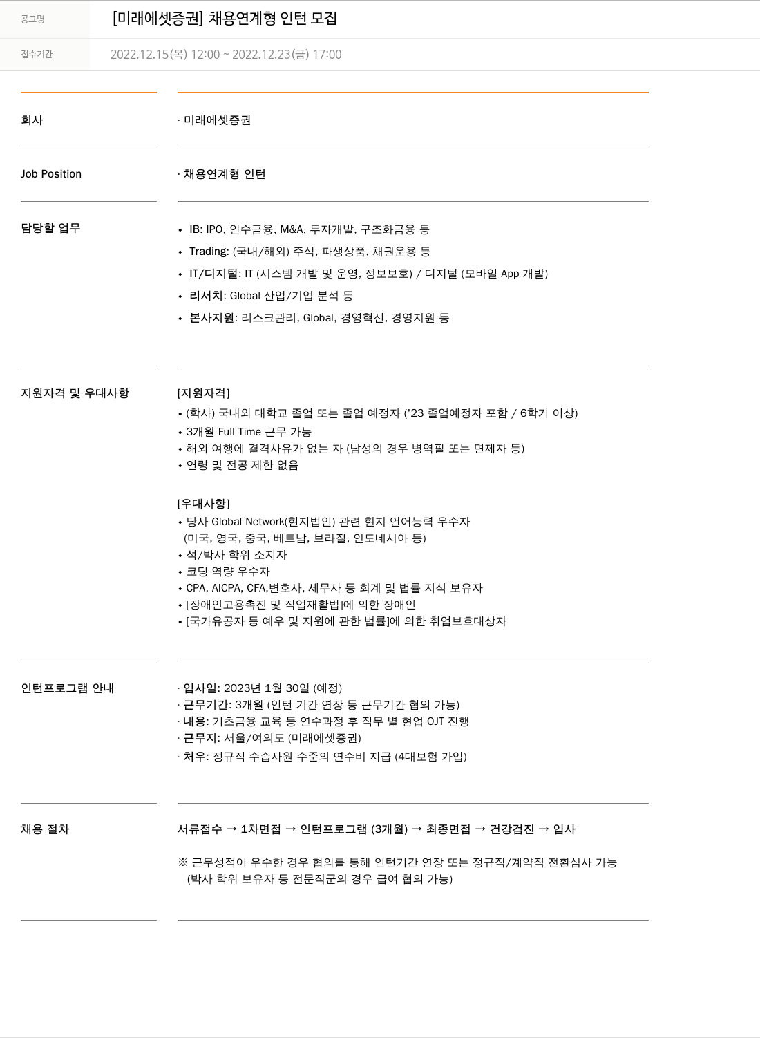 미래에셋증권 [미래에셋증권] 채용 연계형 인턴 모집 채용공고