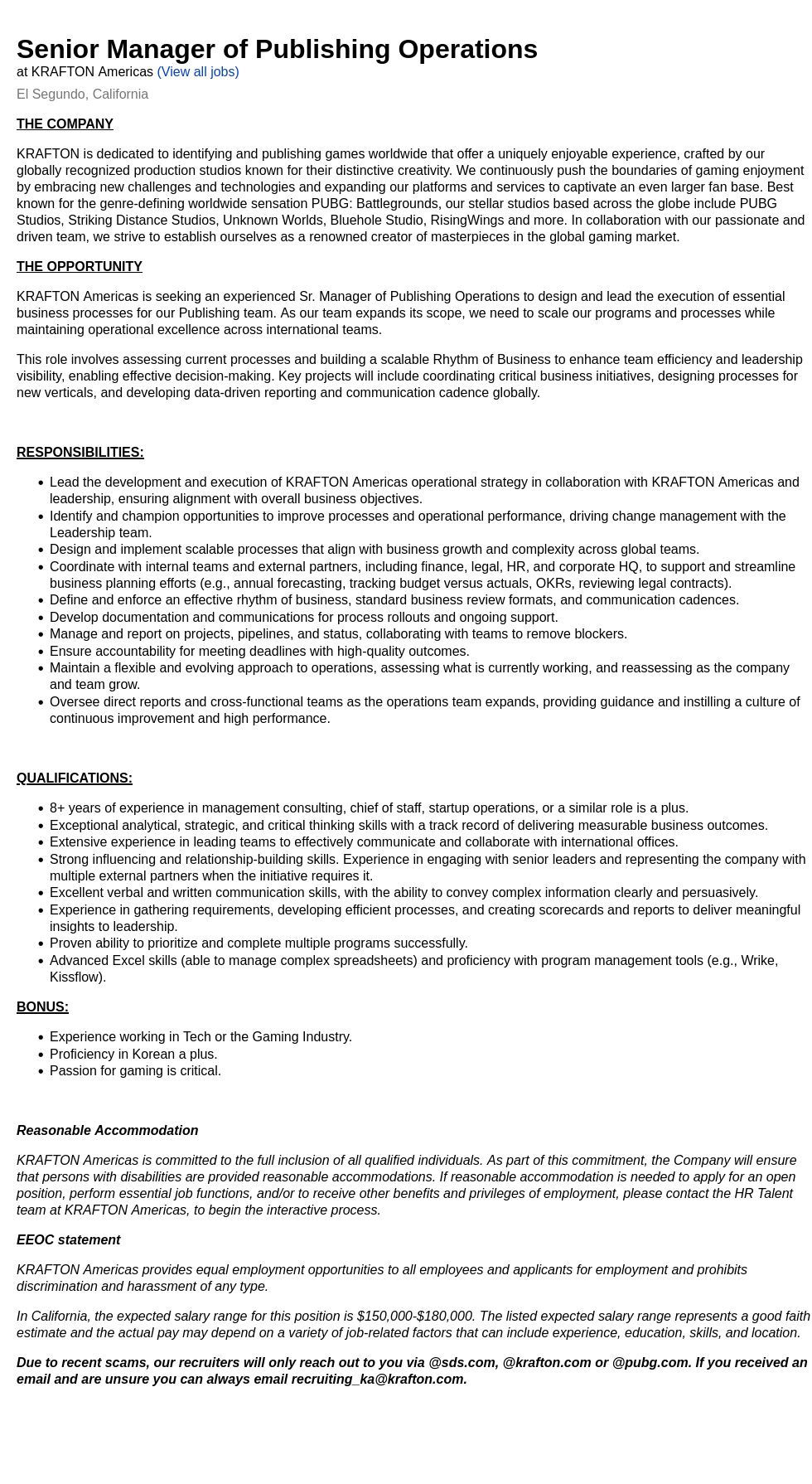 크래프톤 Senior Manager of Publishing Operations 채용공고