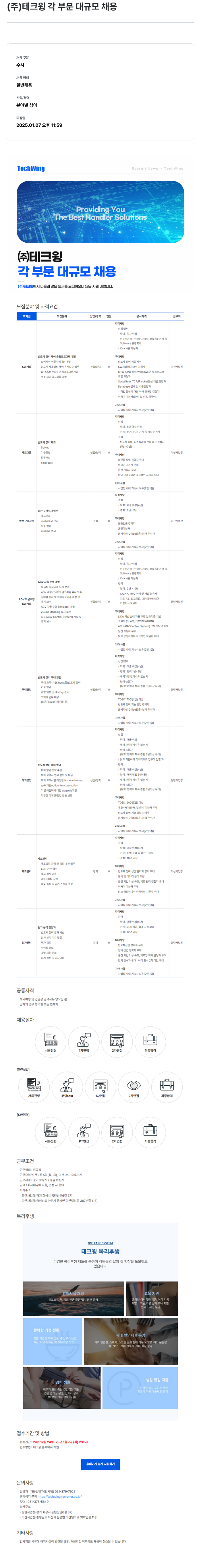 테크윙 각 부문 대규모 채용 채용공고