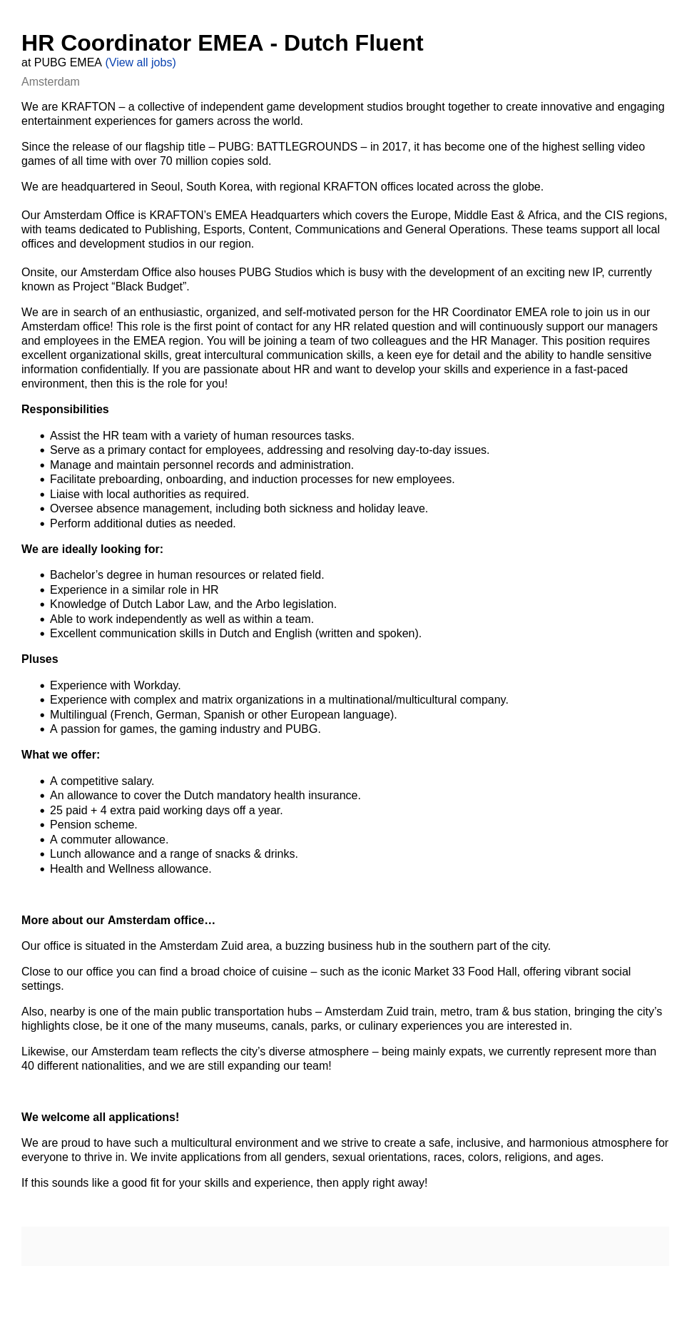크래프톤 HR Coordinator EMEA - Dutch Fluent 채용공고