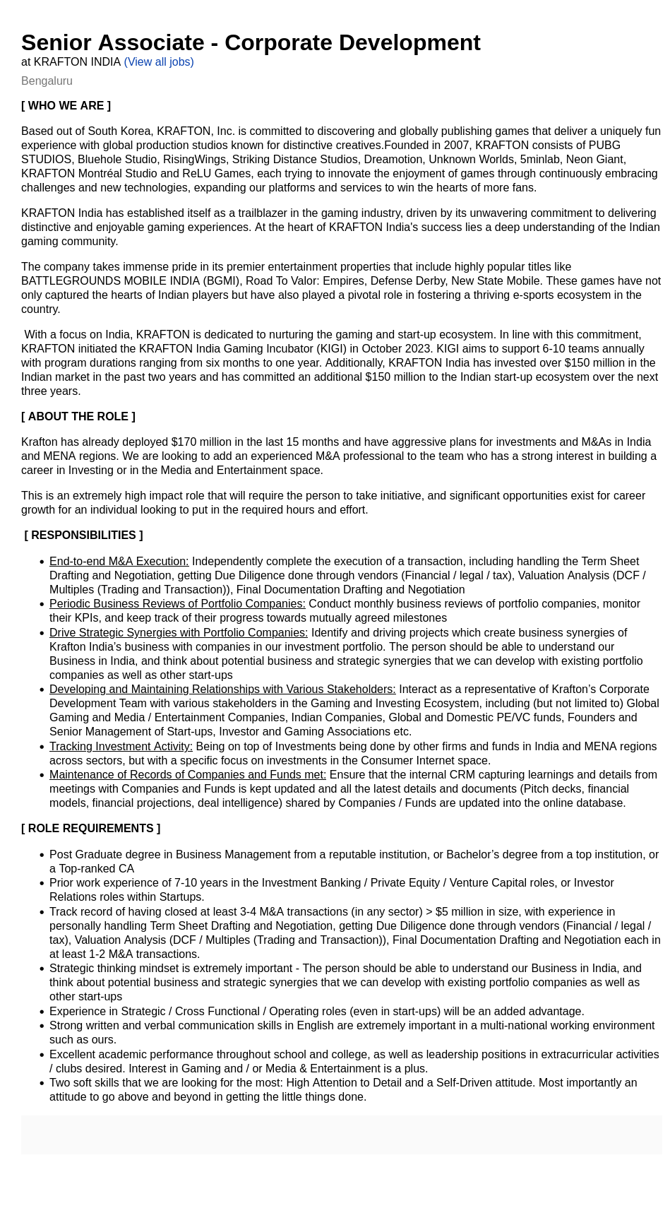크래프톤 Senior Associate - Corporate Development 채용공고