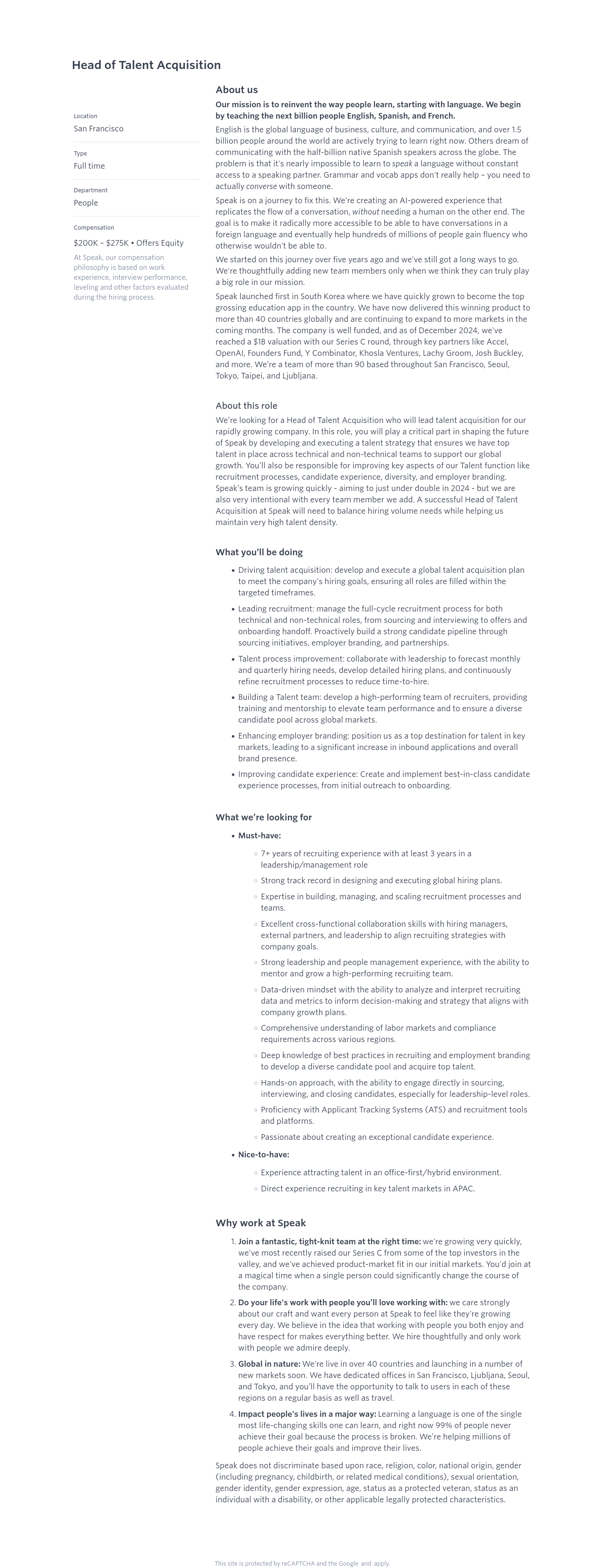 스픽 Head of Talent Acquisition 채용공고