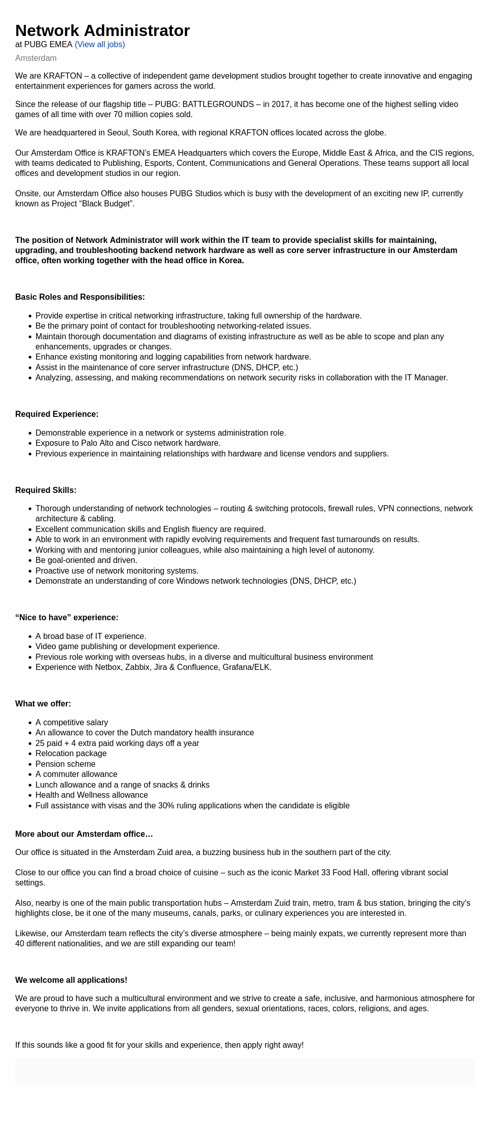 크래프톤 Network Administrator 채용공고