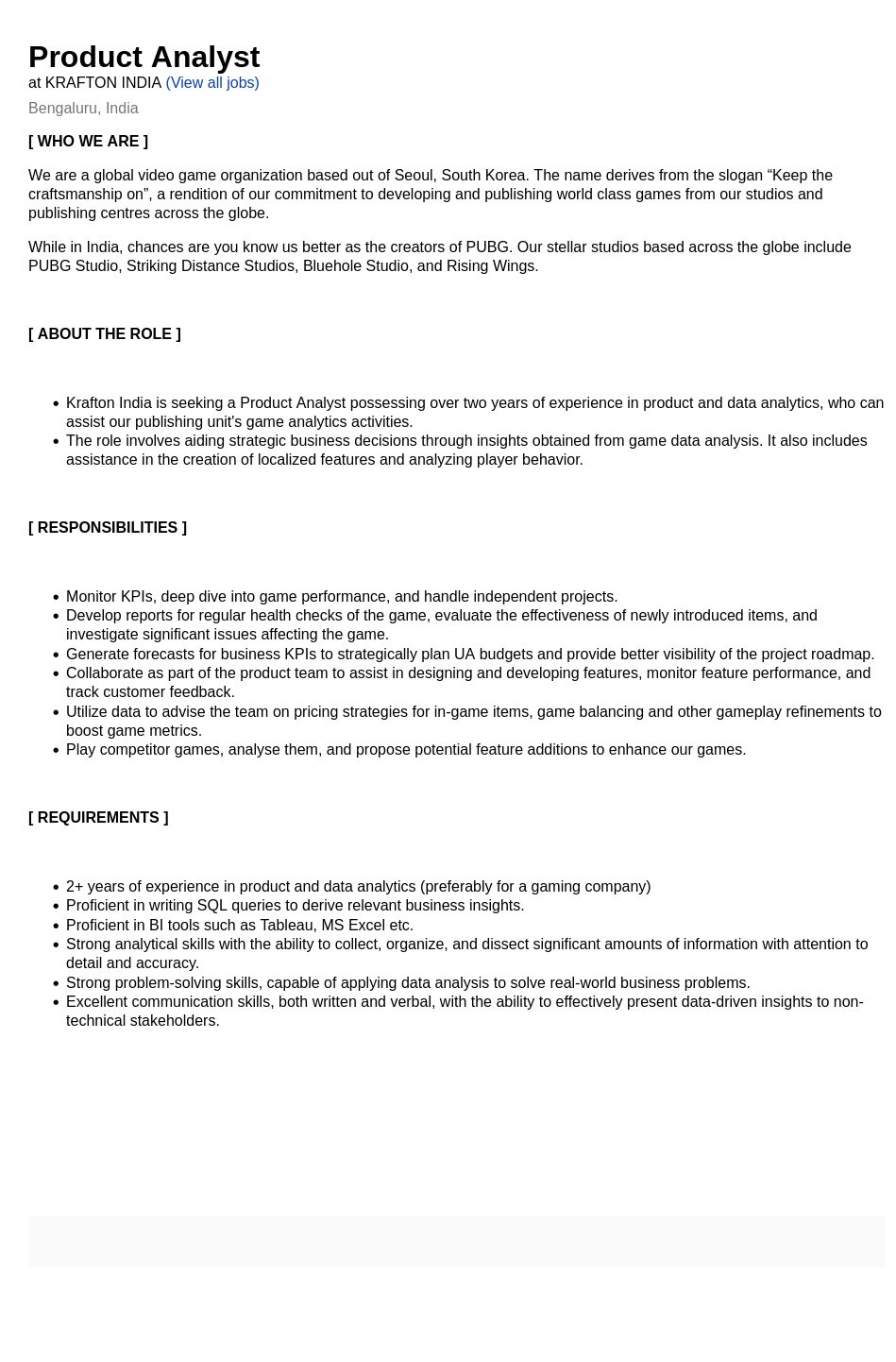 크래프톤 Product Analyst 채용공고